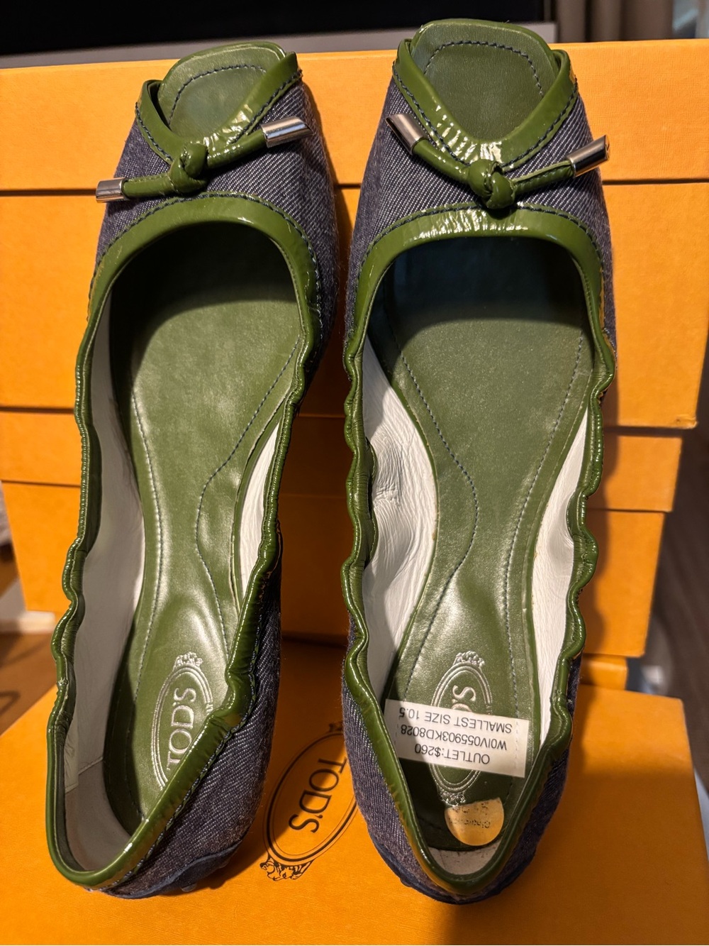 Tod's Denim Ballet Flats with Olive Green Leather Trim